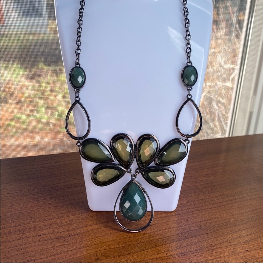 Gun Metal Green and Black Faceted Glass Necklace